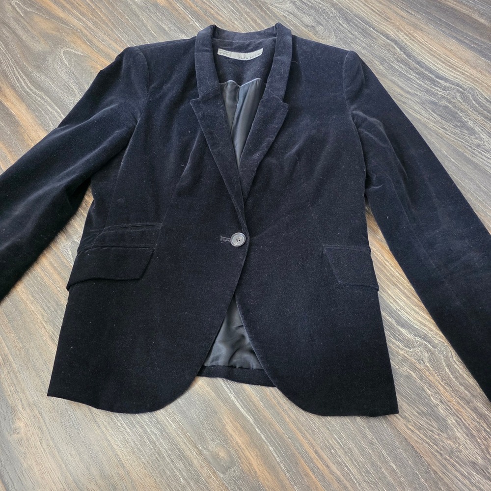 Zara Basic Black Velvet Blazer Elbow Patches Single Button Jacket Womens Size M